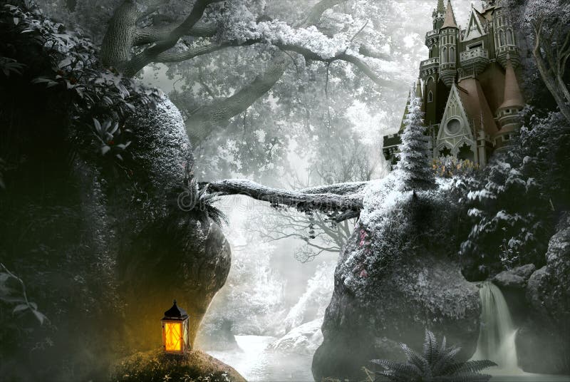 Ett fantasi-slott på en kulle på vintern mot bakgrund av skogar och dalar och en bro från ett träd
