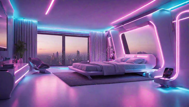 Ett futuristiskt avståndssovrum med neonljus och metall vektor illustrationer