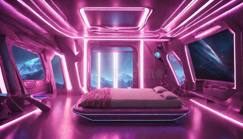 Ett futuristiskt avståndssovrum med neonljus och metall vektor illustrationer