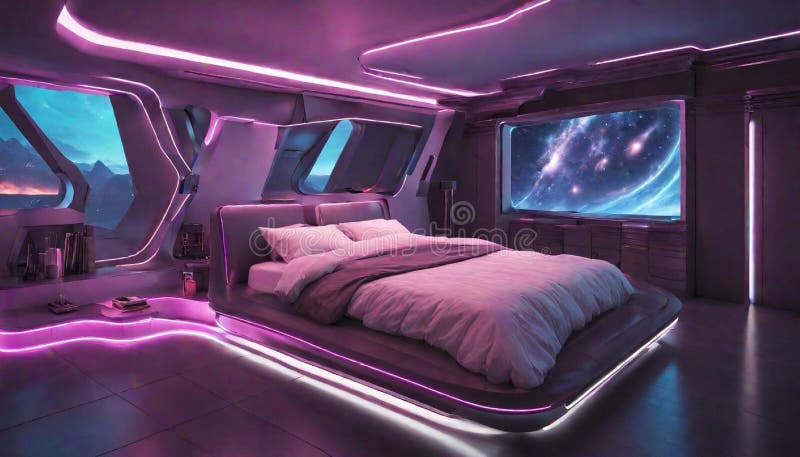 Ett futuristiskt avståndssovrum med neonljus och metall vektor illustrationer