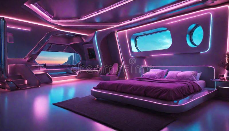 Ett futuristiskt avståndssovrum med neonljus och metall vektor illustrationer