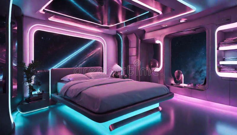 Ett futuristiskt avståndssovrum med neonljus och metall royaltyfri illustrationer