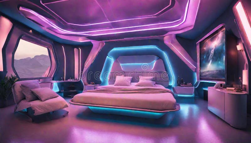 Ett futuristiskt avståndssovrum med neonljus och metall royaltyfri illustrationer