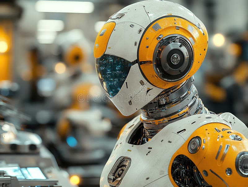 Ett futuristiskt, detaljerat, mänskligt, vitt gult robot i en verkstad med avancerade mekaniska komponenter och andra arkivbilder