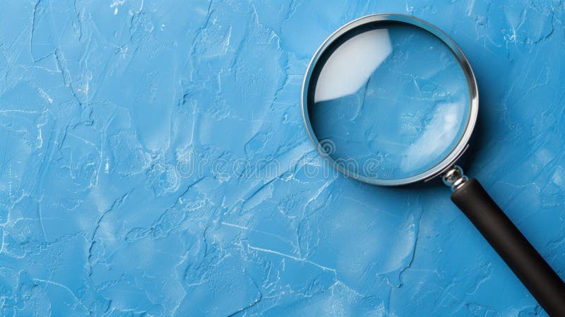 Ett förstoringsglas vilar på en mjuk texturerad blå bakgrund som inbjuder nyfikenhet vektor illustrationer