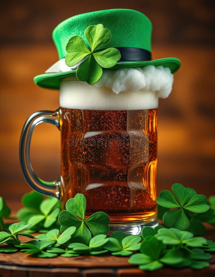 Ett glas frothy öl sitter på en mörk träyta som är försedd med en liten grön leprechaun-hatt och flera vibrerande royaltyfria bilder