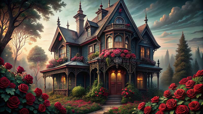 Ett gyllene anchanting Victorian Home Adorent med Burgundy Roses och Intricate Lace A Study in Architectural Elegance och vektor illustrationer