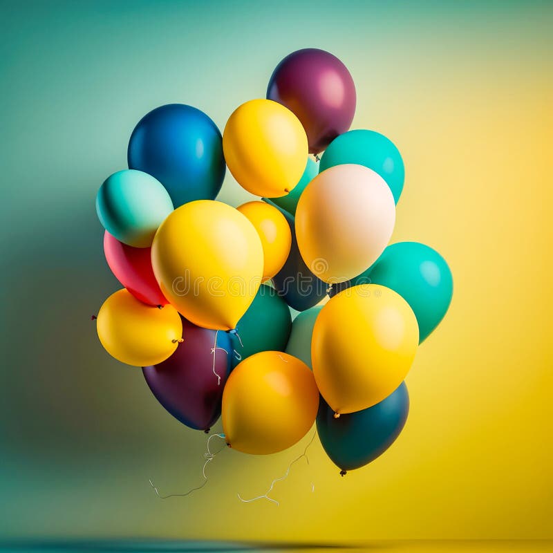 Ett gäng ballonger som flyter i luften på gul bakgrund. generativ ai