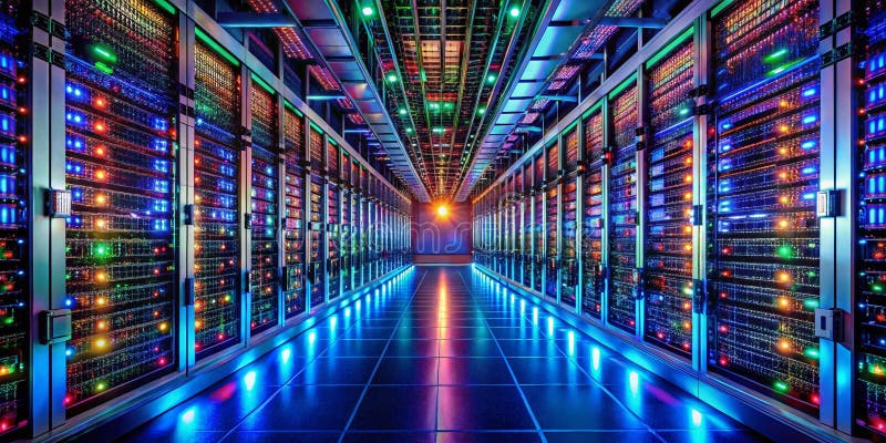 En hisnande inblick i ett toppmodernt datacenter: Kraftfull datainfrastruktur och toppmodern kylning. Stig in i ett noggrant designat datacenter som visar upp den imponerande skalan och sofistikeringen hos dagens datainfrastruktur. Denna panoramavy avslöjar ett stort serverrum som surrar av den tysta kraften från otaliga servrar. Rader på rader av avancerad datorutrustning är sömlöst integrerade i en klimatkontrollerad miljö. Det intrikata nätverket av kablar och anslutningar