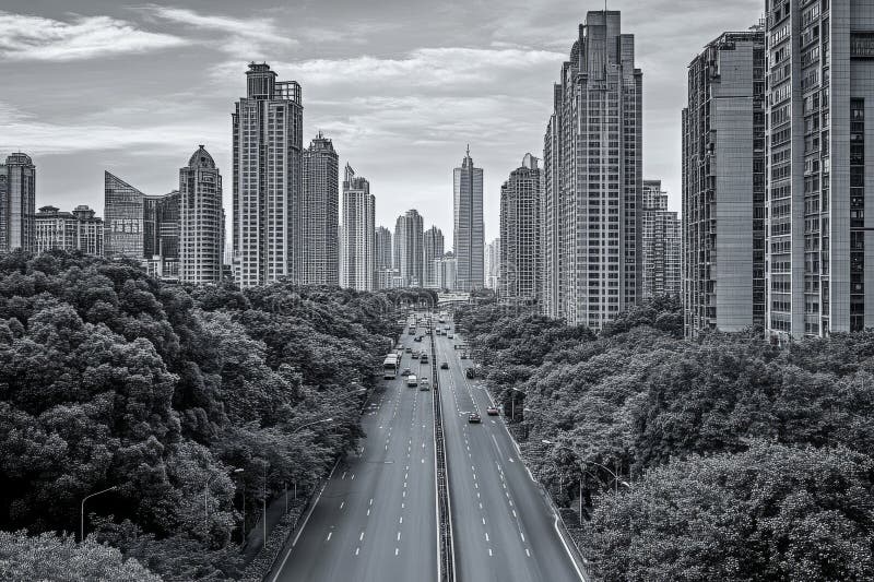 Ett häpnadsväckande citysslande i blå toner bildas vid skymningen som definierar urbana skylten fotografering för bildbyråer