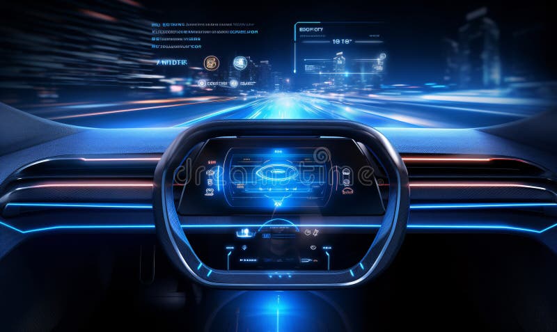 Ett koncept för en självständig futuristisk instrumentpanel med hologramskärmar på vindrutan för bilar. royaltyfri illustrationer