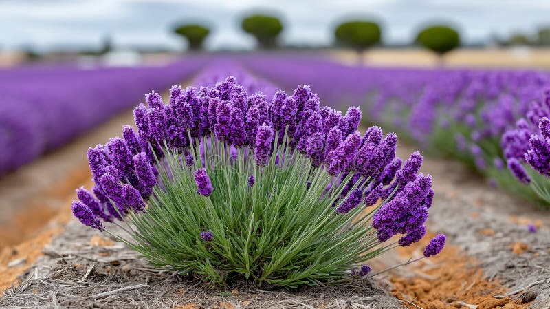 Ett lavandelavender Lavandula sträcker sig in på sträckan med levande lila blommor och gröna stjälkar stock illustrationer