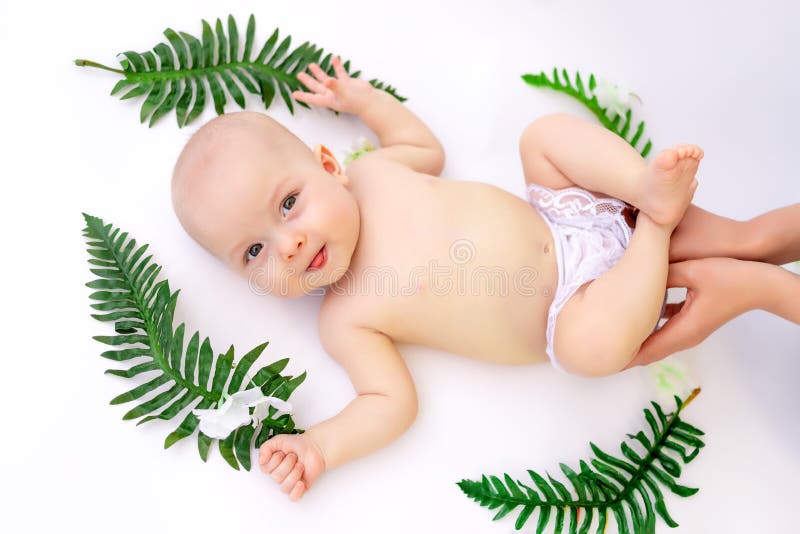 A small child of 6 months lies among green leaves on a white isolated background, the baby and mother`s hands. A small child of 6 months lies among green leaves on a white isolated background, the baby and mother`s hands.