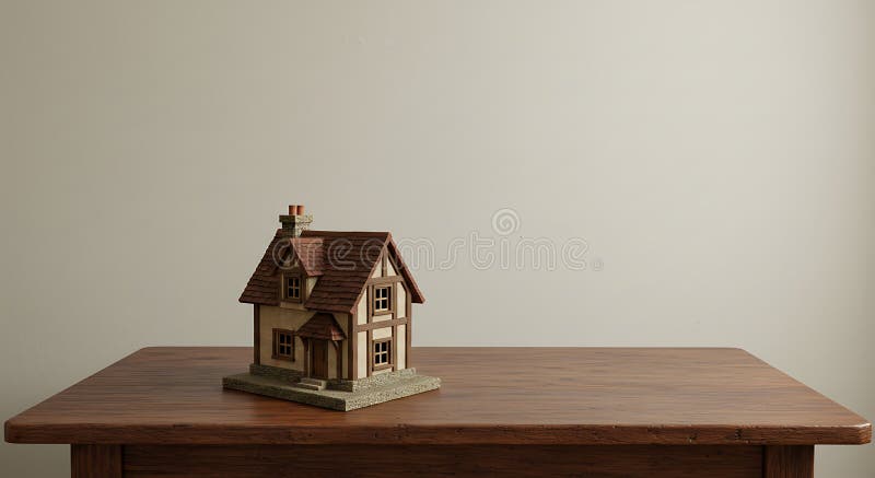 Ett litet detaljerat modellhus sitter på ett träbord mot en slät bakgrund. royaltyfri illustrationer