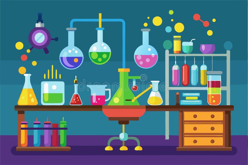 Ett livligt kemiskt laboratorium har olika färgstarka labbprodukter och kolvar som är placerade på ett skräddarsytt kemilaboratori vektor illustrationer