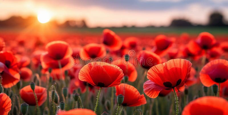Ett lush-fält med pulserande röda poppies Papaver Rhoeas sträcker sig över landskapet. royaltyfri illustrationer