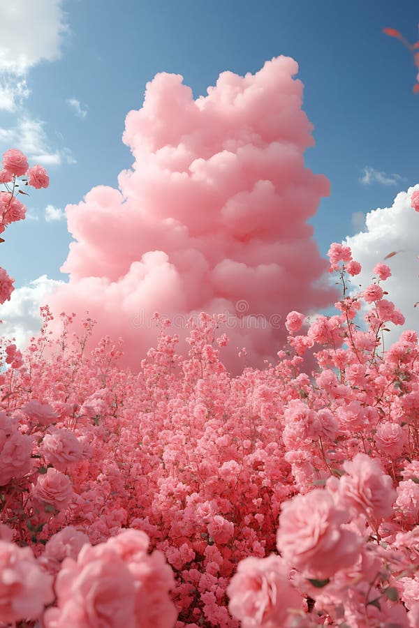 Ett lush-fält med rosa blommor sträcker sig över förgrunden och är tätt packat vektor illustrationer