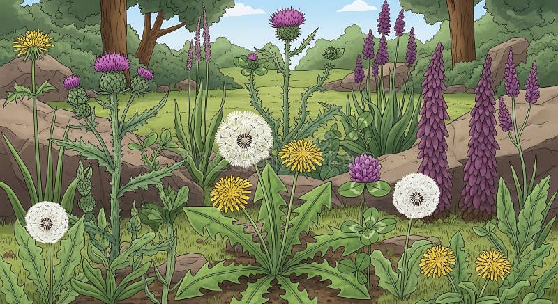 Ett lush-landskap med en mängd vilda blommor inklusive Taraxacum vektor illustrationer