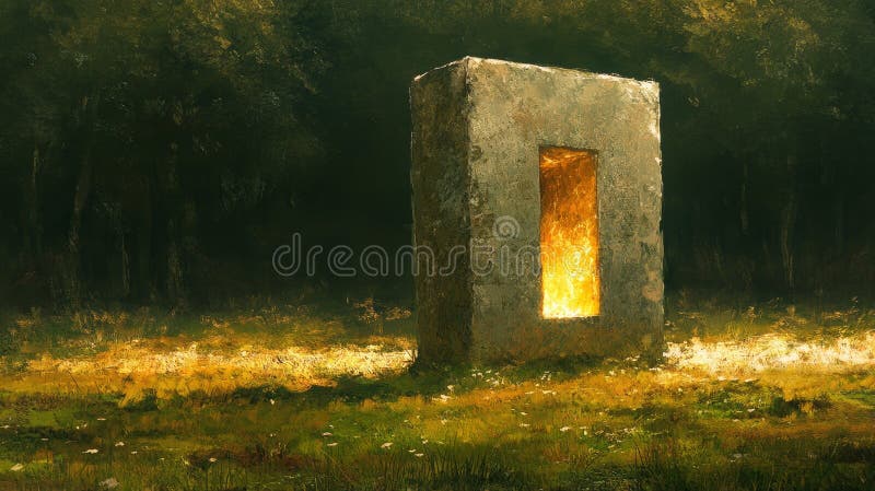 Ett mjukt eteralt ljus belyser en mystisk stenmonolit som ligger i en förändrad skog som fångar arkivbild