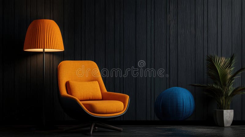 Ett modernt vardagsrum med en orange, blå dekal och elegant lampa mot mörka väggar vektor illustrationer