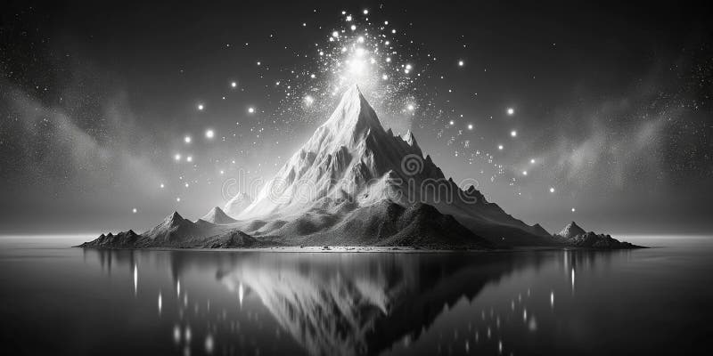 Ett monokromt monokromt bergsområdets flytande former som delar upp partiklar och surreala 3D-skulpturer i en Dreamlike stock illustrationer