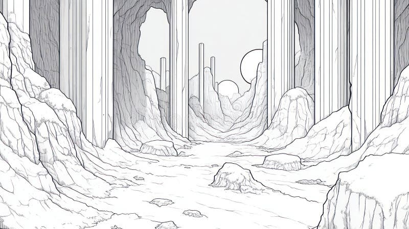 Ett monokromt landskap med handdukpelare och ett bergigt terräng som framkallar en surrealistisk atmosfär vektor illustrationer