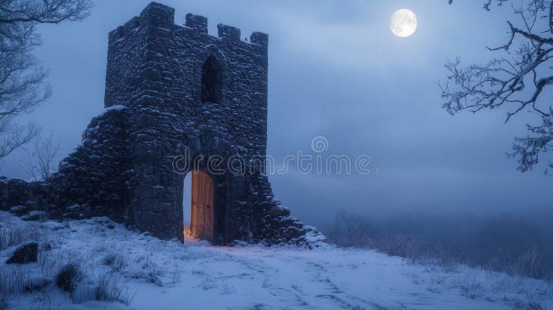 Ett mystiskt stentorn står under en fullmåne omgiven av snö och dimma och uppmanar dig att utforska dess hemligheter royaltyfri fotografi