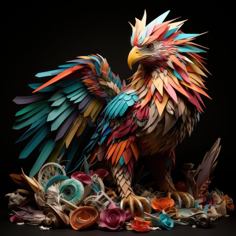 Ett mytiskt griffin i en fantastisk fusion av origami-leon och örn som vaktar en skatt av hopfällda pappersgemen med hjälp av ai s vektor illustrationer