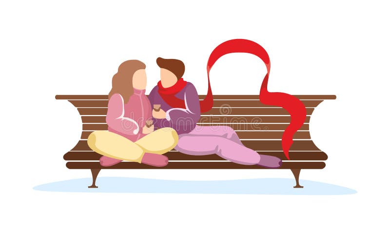 Ett par kärleksställen på parkbänk. Unga älskande flickhuggare i långa röda halsdukar. förhållande mellan man och kvinna vektor illustrationer