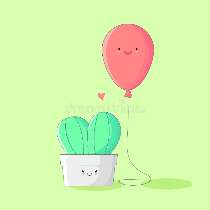 Ett par mini-kaktus och en röd ballong-söt teckning royaltyfri illustrationer