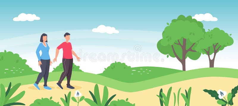 Ett par som går tillsammans i parken. manlig och kvinnlig romantisk vårfritid. vektor illustrationer