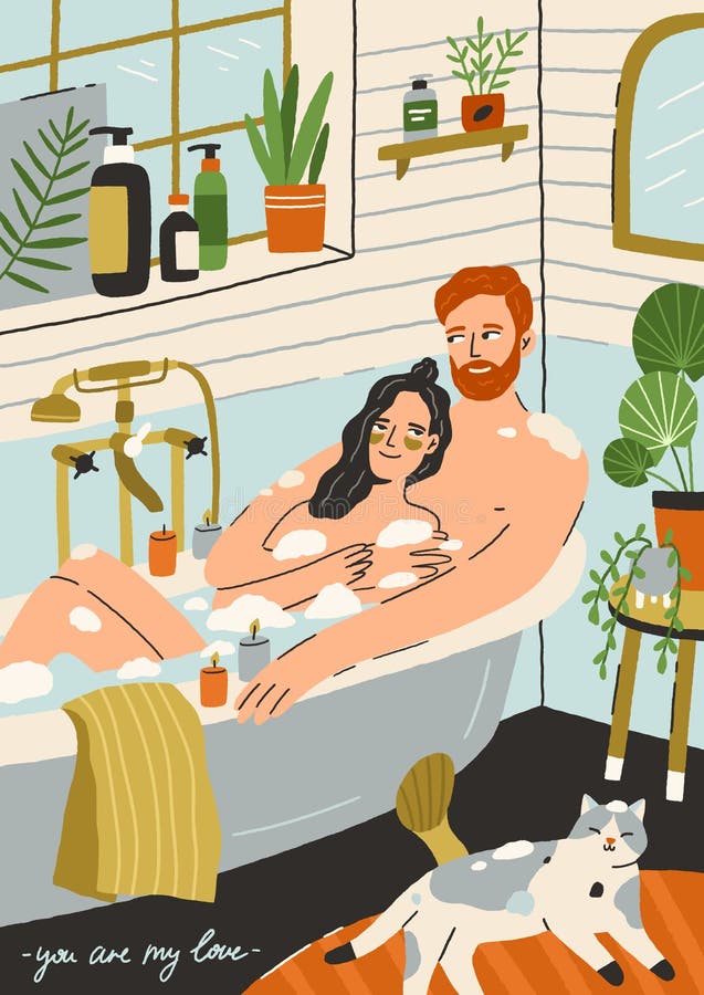 Ett par älskar att ta bad tillsammans. lycklig ung man och kvinna i romantiska relationer som slappnar av i badrummet. älskare i stock illustrationer