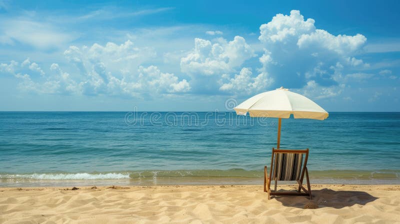A chair and an umbrella provide shade on the sandy beach, with the azure sky reflecting in the crystal clear water of the oceanic coastal landforms AIG50 AI generated. A chair and an umbrella provide shade on the sandy beach, with the azure sky reflecting in the crystal clear water of the oceanic coastal landforms AIG50 AI generated