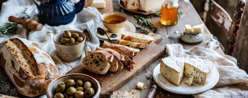 Ett rostfritt frukostbord med ett urval nybakat bröd och en skål oliver en teburk arkivfoton