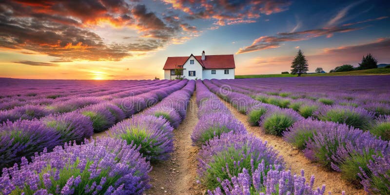 Ett Serene-sommarscen Charming White Farmhouse som ligger i Lush Lavender Field vektor illustrationer