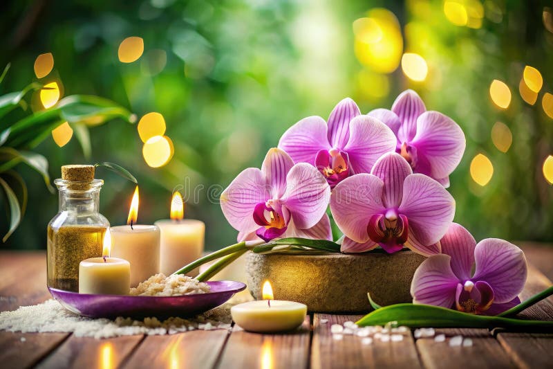 Ett serene spa orchid still life tiltshift-fotografi fångar en drömliknande miniatyr av ömtåliga blommor vektor illustrationer