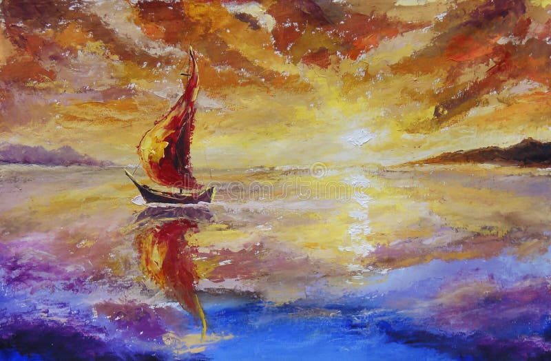 Ett skepp med rött seglar original- olje- målning Härlig solnedgång, gryning över havet, vatten impressionism konst vektor illustrationer