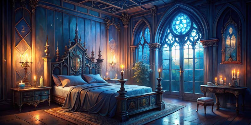 Ett snyggt skådespel av gotisk Bedroom Luxurious Blue Hues Dramatic Window Light och Candlelit Ambiance stock illustrationer