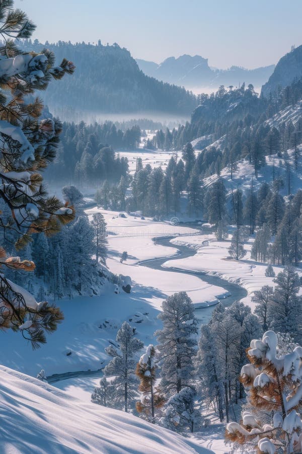 A view of a snowy mountain with trees and water AI generated. A view of a snowy mountain with trees and water AI generated