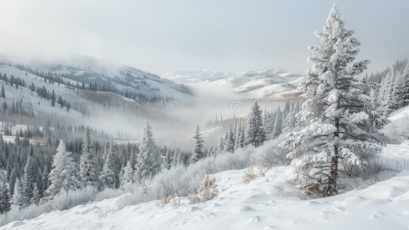 A snow covered mountain with trees and fog in the background AI generated. A snow covered mountain with trees and fog in the background AI generated