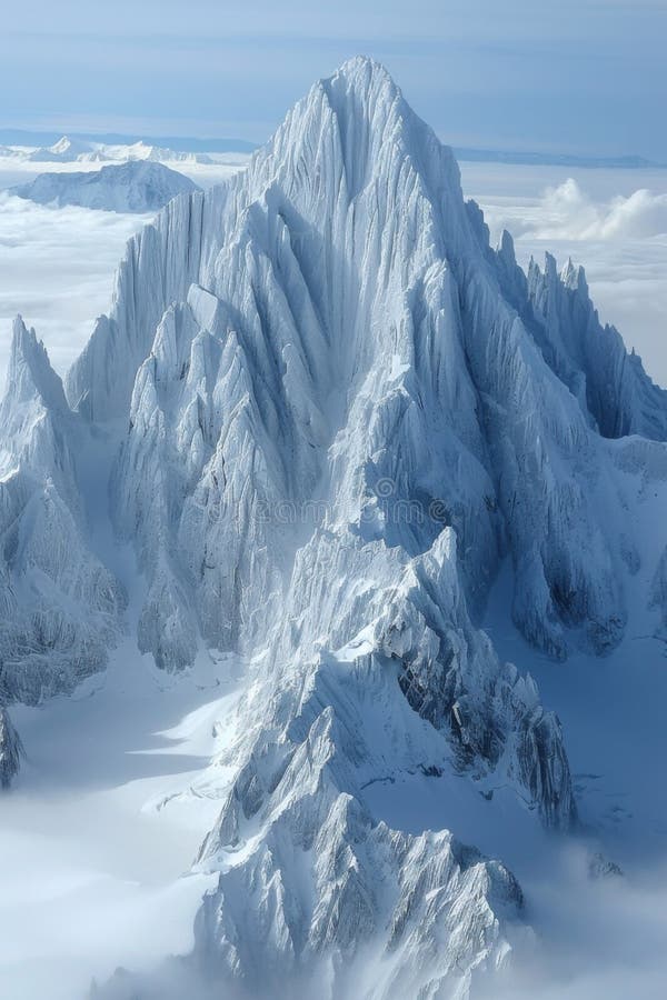 A large mountain covered in snow is seen from above AI generated. A large mountain covered in snow is seen from above AI generated
