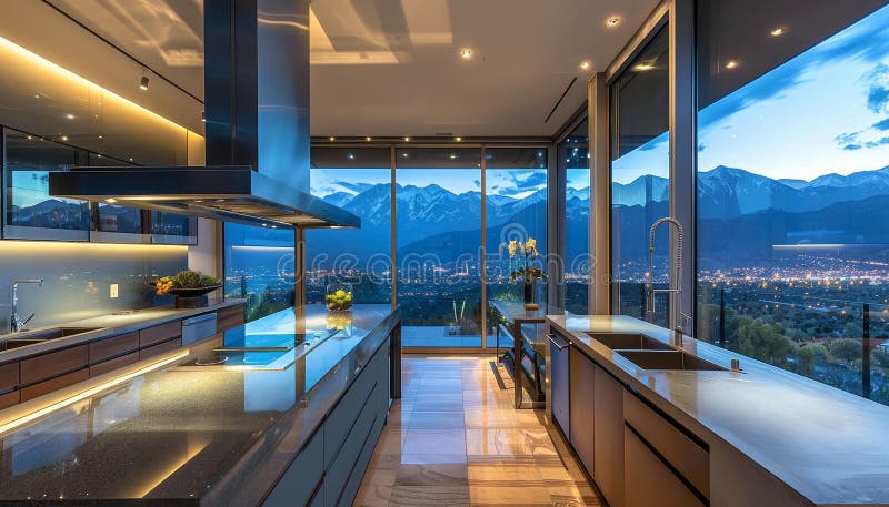 A large kitchen with a view of the mountains by AI generated image. A large kitchen with a view of the mountains by AI generated image.