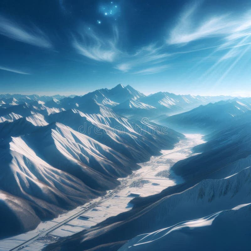 Ett stort snölandskap under en skarp blå himmel på en ljus vinterdag vektor illustrationer