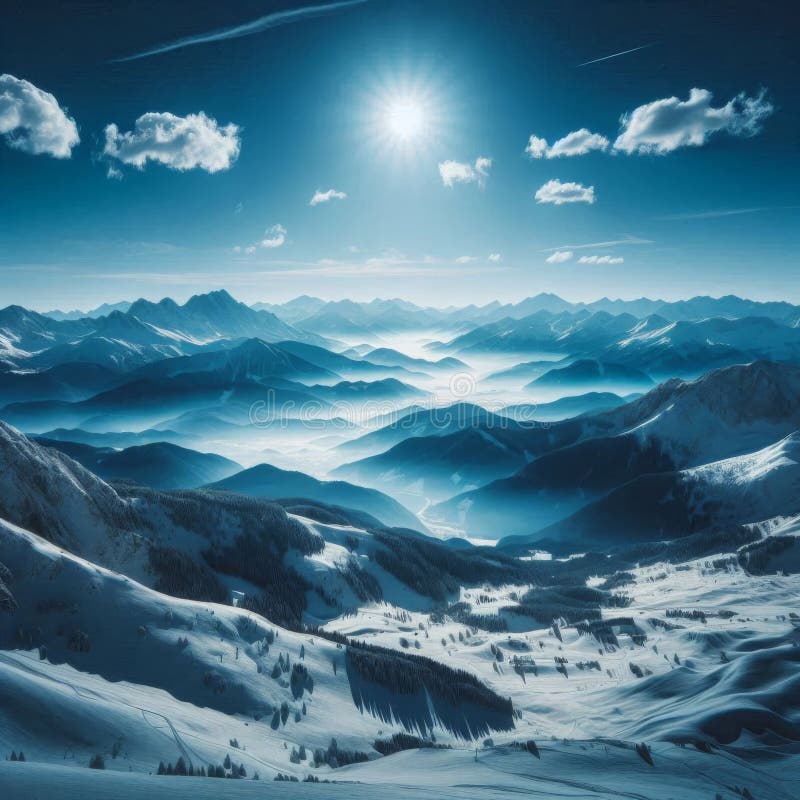 Ett stort snölandskap under en skarp blå himmel på en ljus vinterdag vektor illustrationer