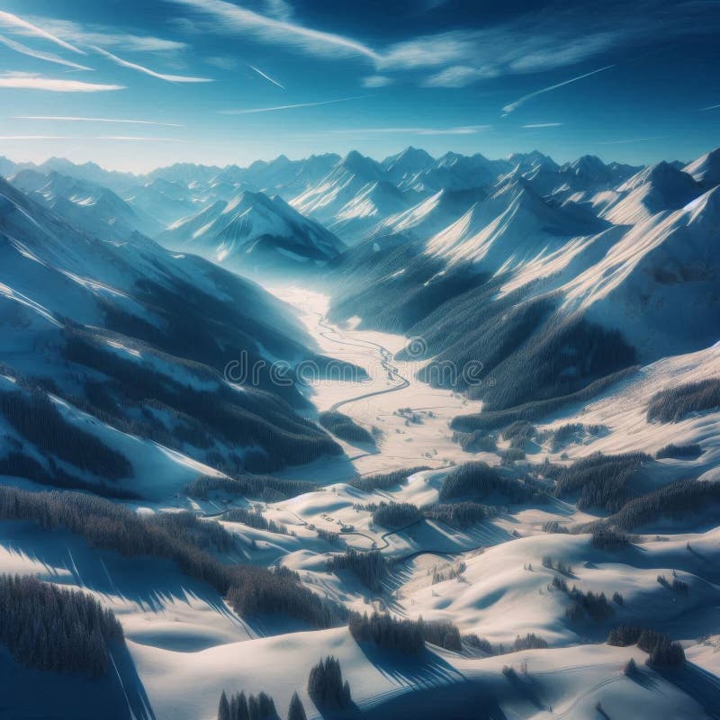 Ett stort snölandskap under en skarp blå himmel på en ljus vinterdag stock illustrationer