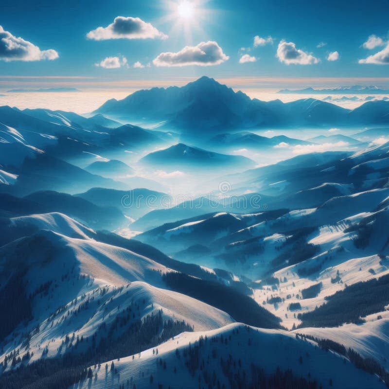 Ett stort snölandskap under en skarp blå himmel på en ljus vinterdag stock illustrationer