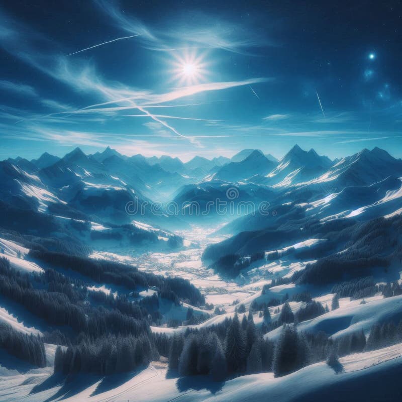 Ett stort snölandskap under en skarp blå himmel på en ljus vinterdag vektor illustrationer
