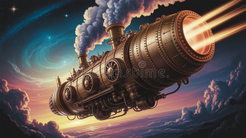 Ett stort steampunksteamskepp glider lätt genom kosmogerna dess intrikata mässa stock illustrationer