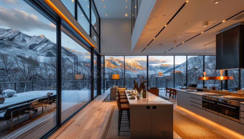 A large, open kitchen with a view of the mountains by AI generated image. A large, open kitchen with a view of the mountains by AI generated image.