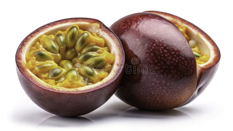 Ett surrealistiskt högtidlighållande av Passion Fruit A Dreamlike still Life med brant Tropical Fruit på en Pristine White royaltyfri illustrationer